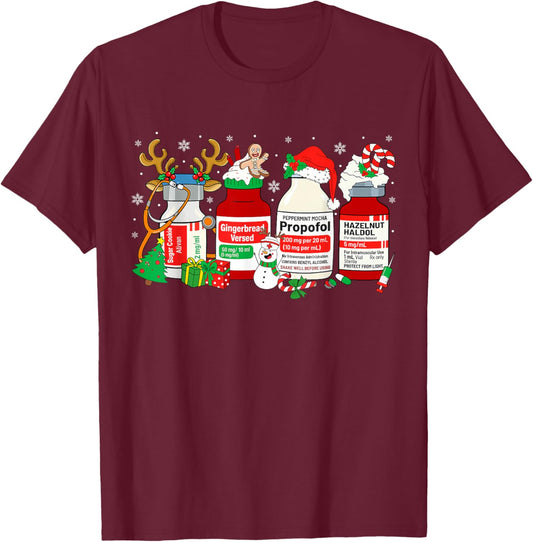 Christmas Nurse Peppermint Mocha Propofol ER ED ICU RN Nurse T-Shirt - T-Shirt | Maroon