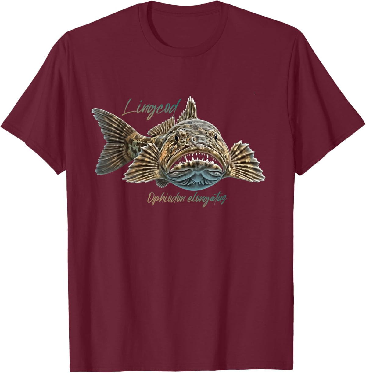 Lingcod Ophiodon elongatus Fish Species Fisherman Fishing T-Shirt - T-Shirt | Maroon