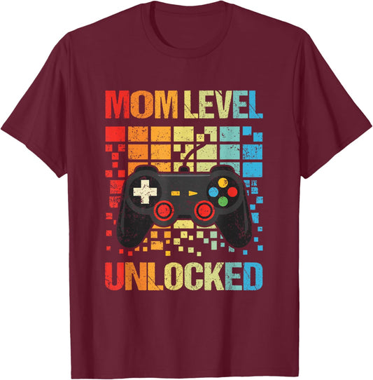 Mom Level Unlocked Funny New Mother Gamer Mothers Day T-Shirt - T-Shirt | Maroon