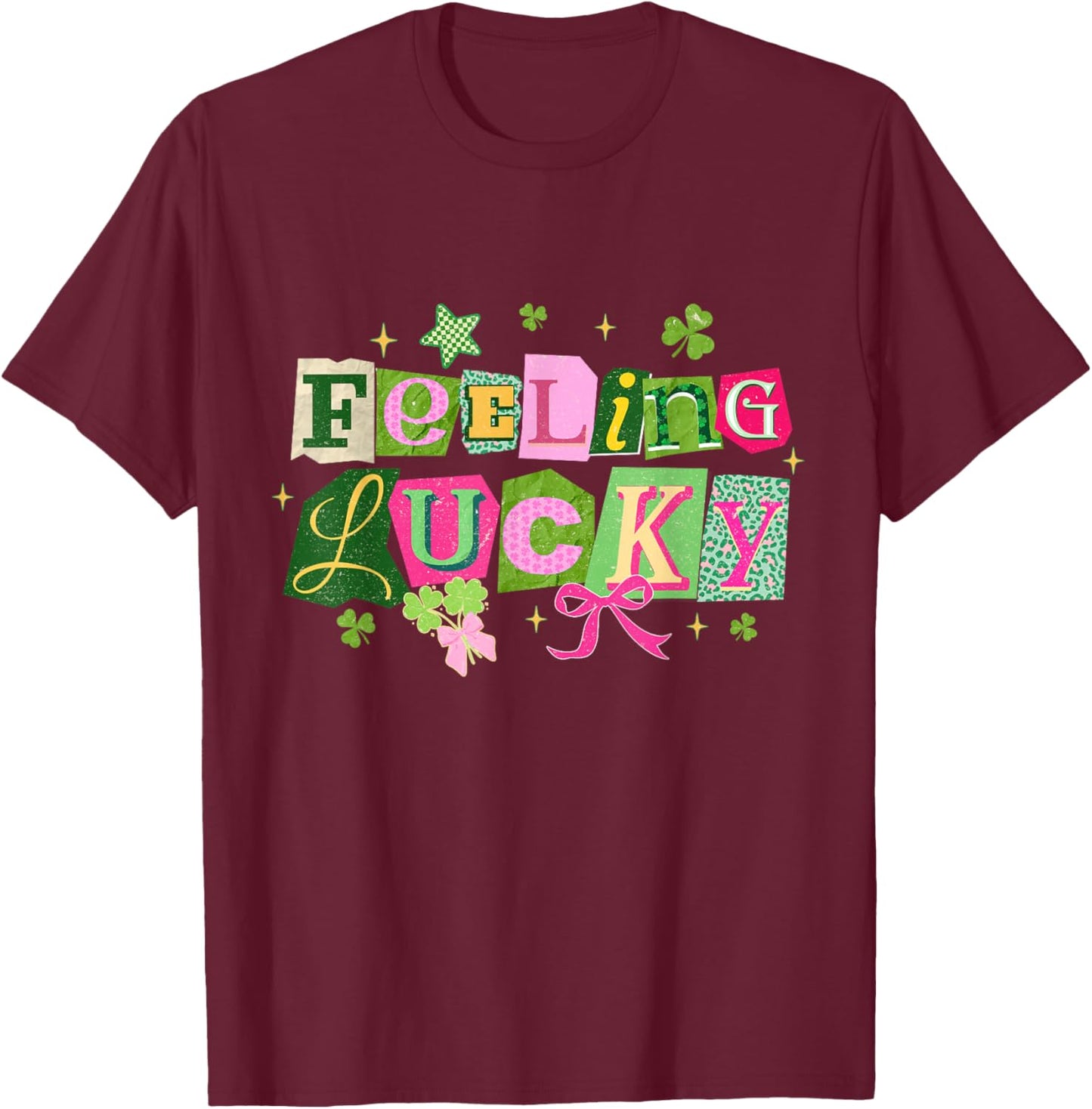 Feeling Lucky Preppy Star Shamrock Bow St Patricks Day T-Shirt - T-Shirt | Maroon