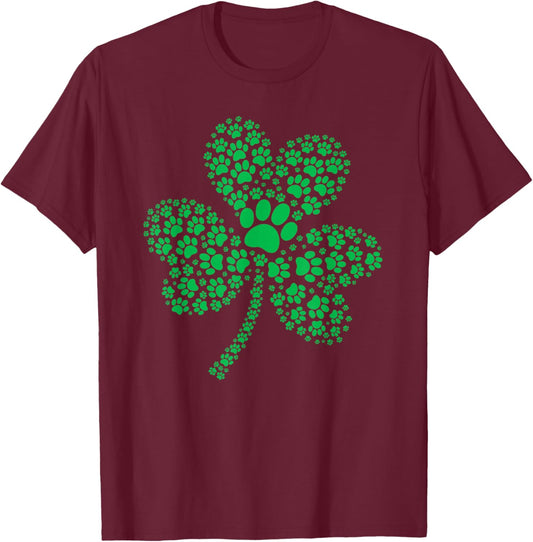 Dog Paw Print Irish Lucky Shamrock St Patricks Day Dog Lover T-Shirt - T-Shirt | Maroon