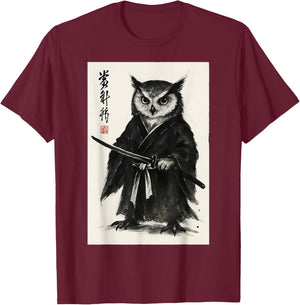 Funny Japanese Anime Manga Style Samurai Warrior Bird Owl T-Shirt - T-Shirt | Maroon