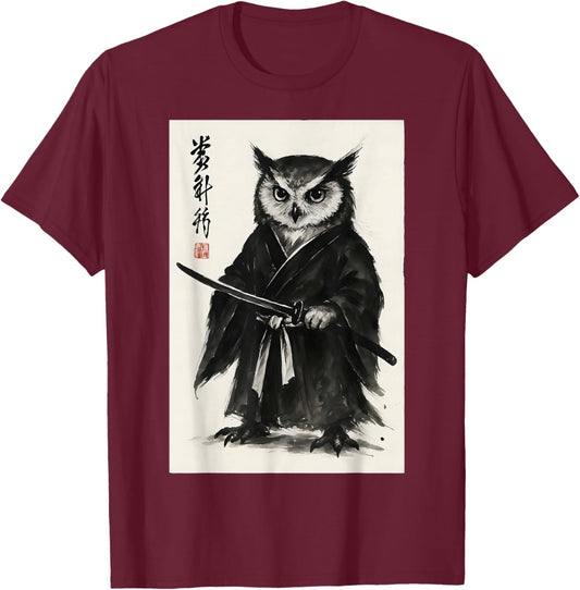 Funny Japanese Anime Manga Style Samurai Warrior Bird Owl T-Shirt - T-Shirt | Maroon