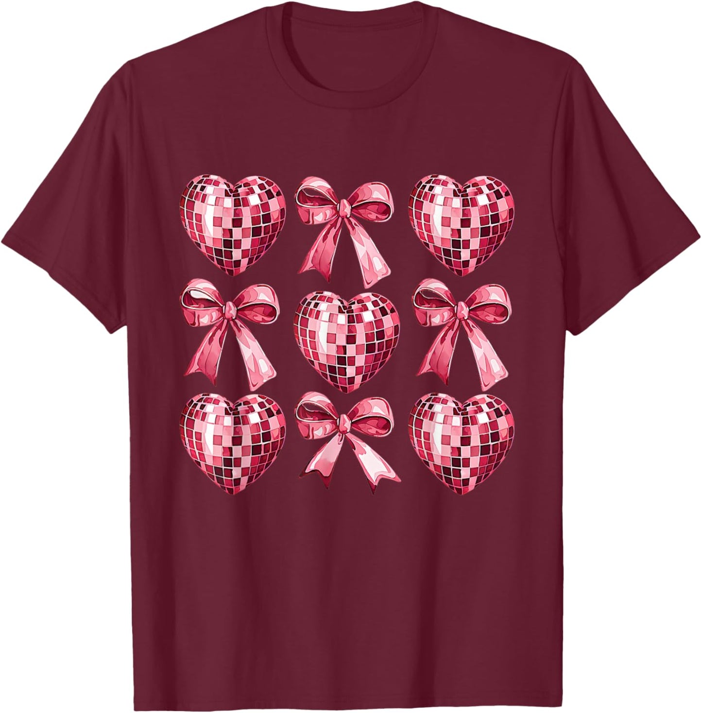 Pink Disco Heart & Bow Retro Valentine Aesthetic Women Teens T-Shirt - T-Shirt | Maroon