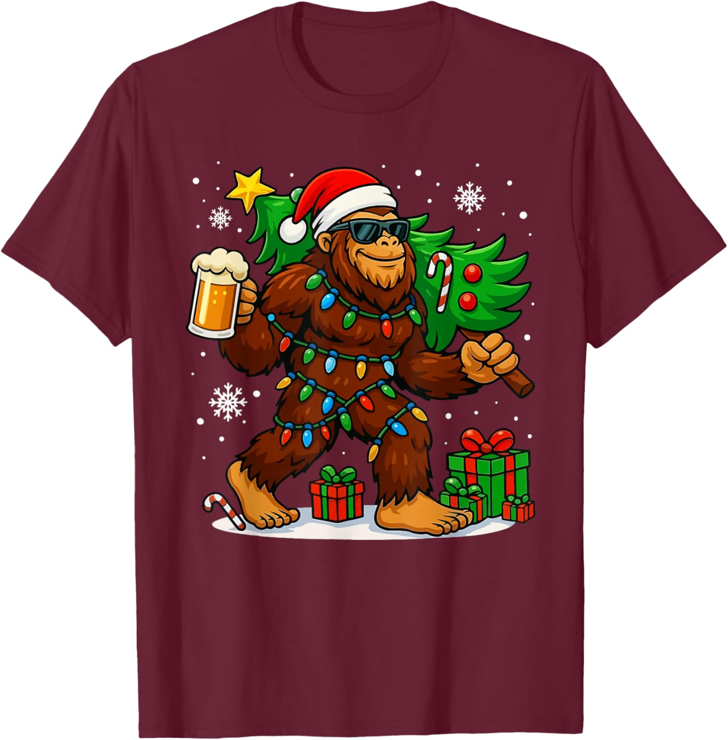 Funny Bigfoot Santa Christmas Tree Drink Beer Xmas Sasquatch T-Shirt - T-Shirt | Maroon