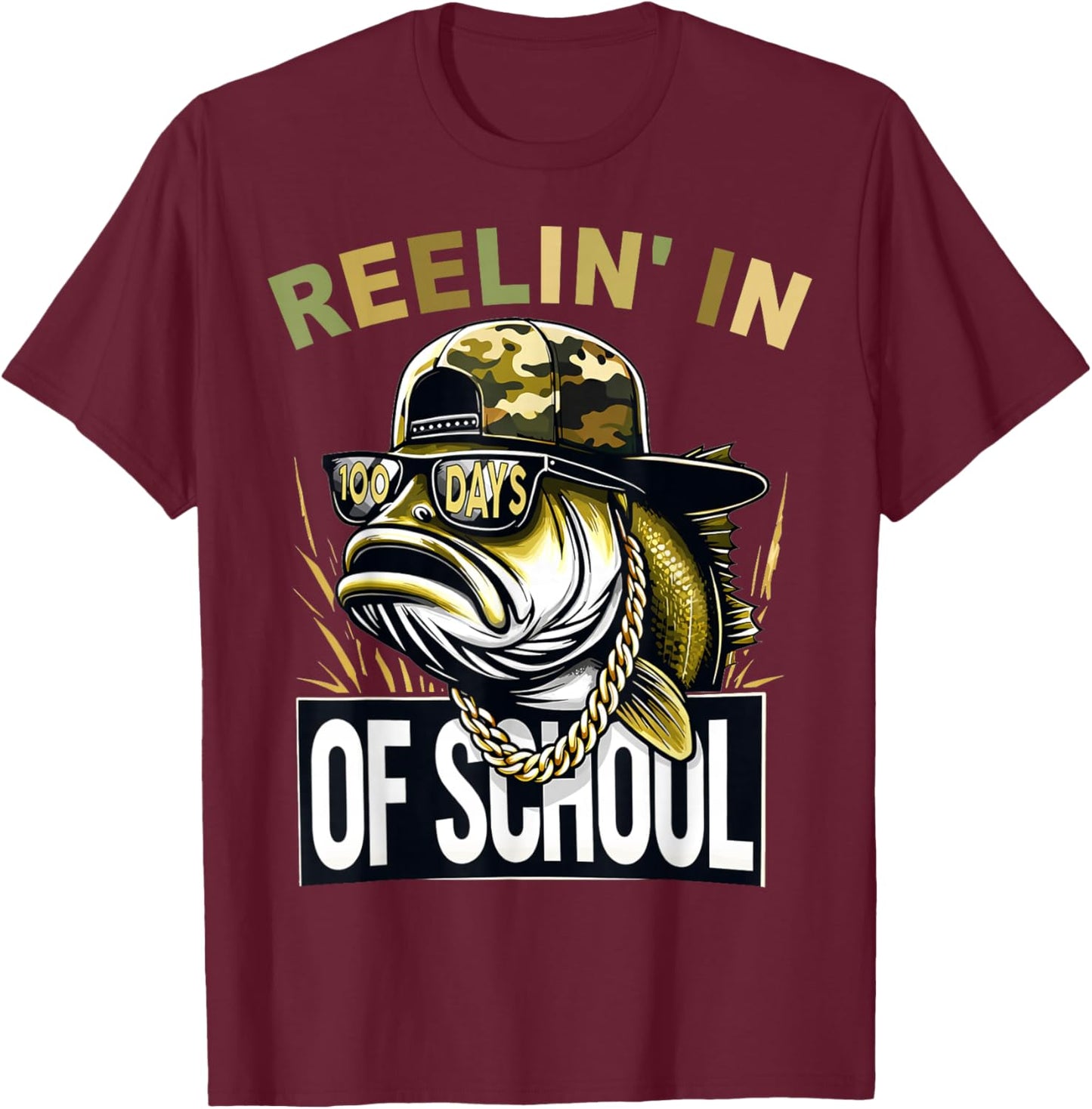 Retro Reelin’ in 100 Days of School Camo Bass Fishing Boys T-Shirt - T-Shirt | Maroon