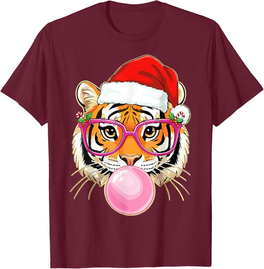 Tiger Christmas Bubble Gum Pink Sunglasses T-Shirt - T-Shirt | Maroon