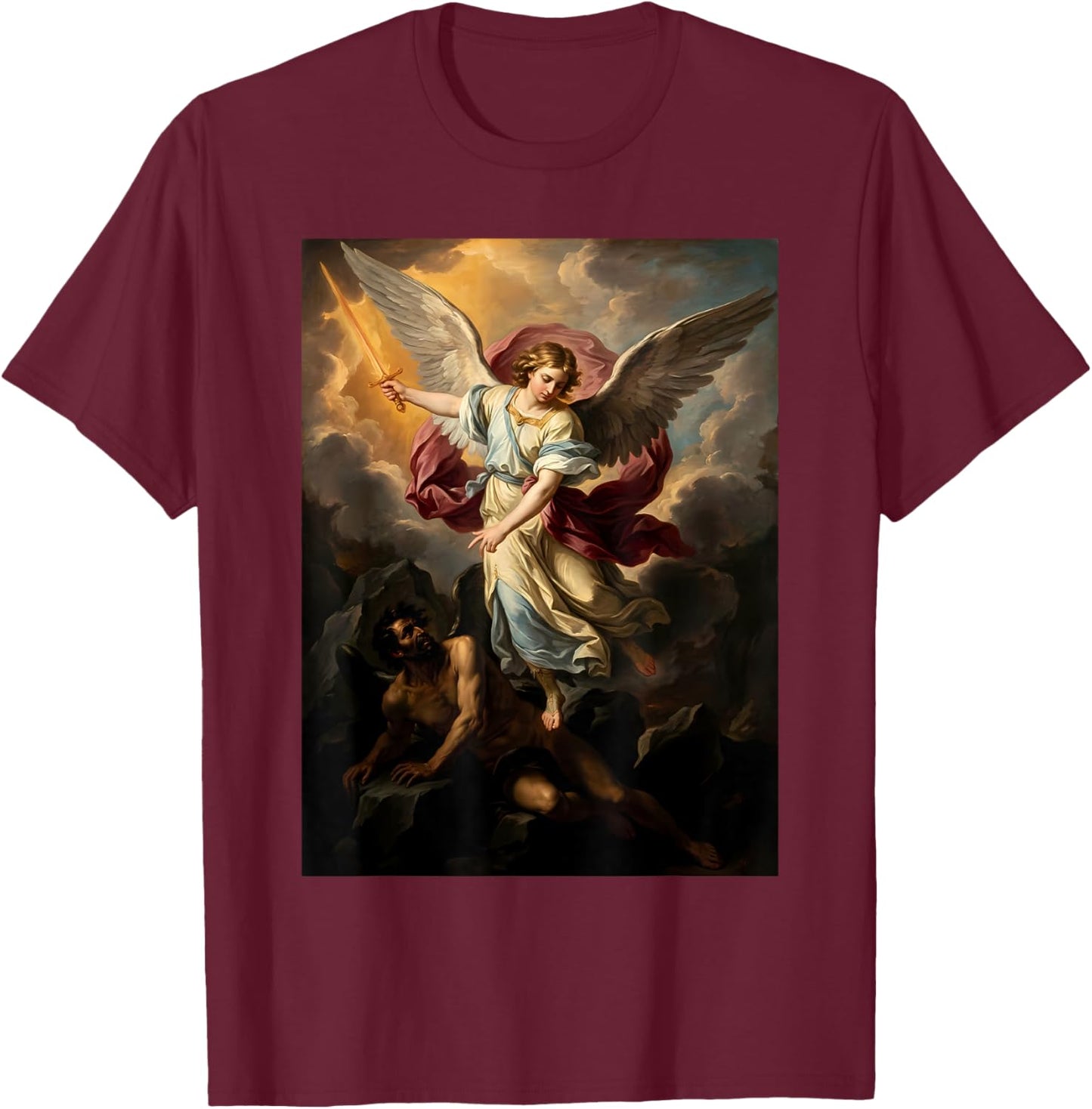 The Archangel Saint Michael Defeating Satan Vintage Painting T-Shirt - T-Shirt | Maroon