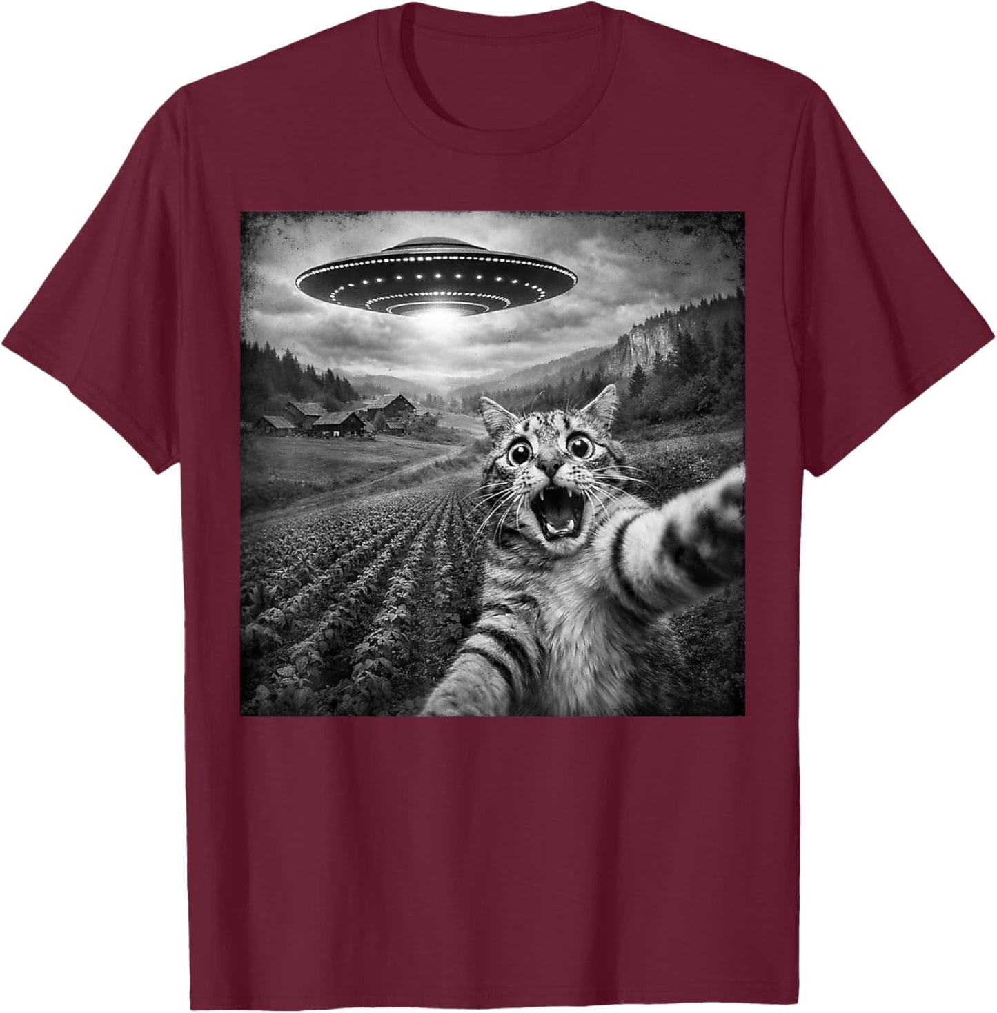Funny Cat Shirts Men Women Kids Teens Shirt UFO Alien Cat T-Shirt - T-Shirt | Maroon