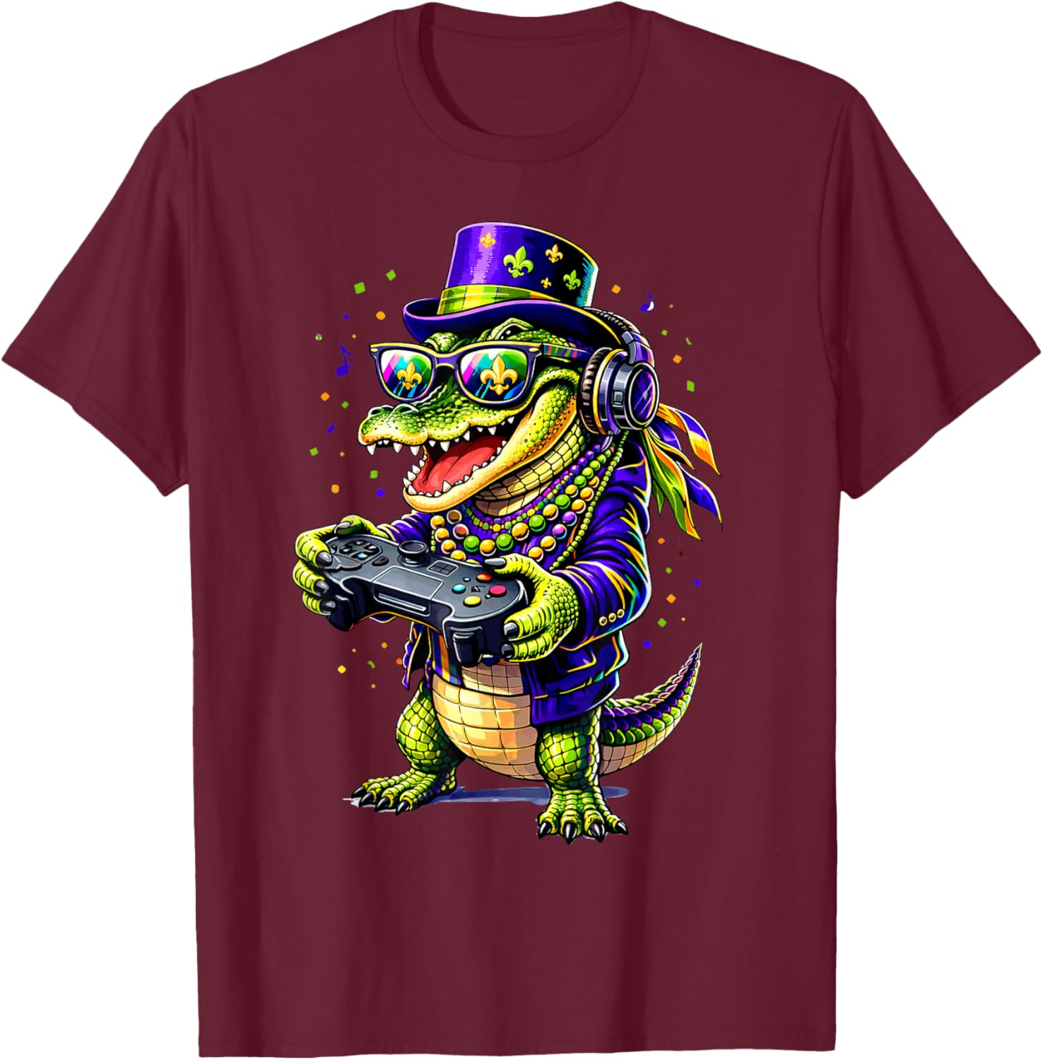 Funny Alligator Playing Video Game Gamer Gaming Mardi Gras T-Shirt - T-Shirt | Maroon