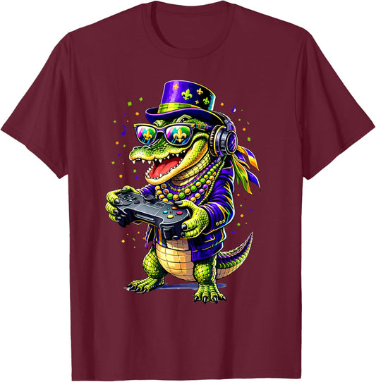 Funny Alligator Playing Video Game Gamer Gaming Mardi Gras T-Shirt - T-Shirt | Maroon