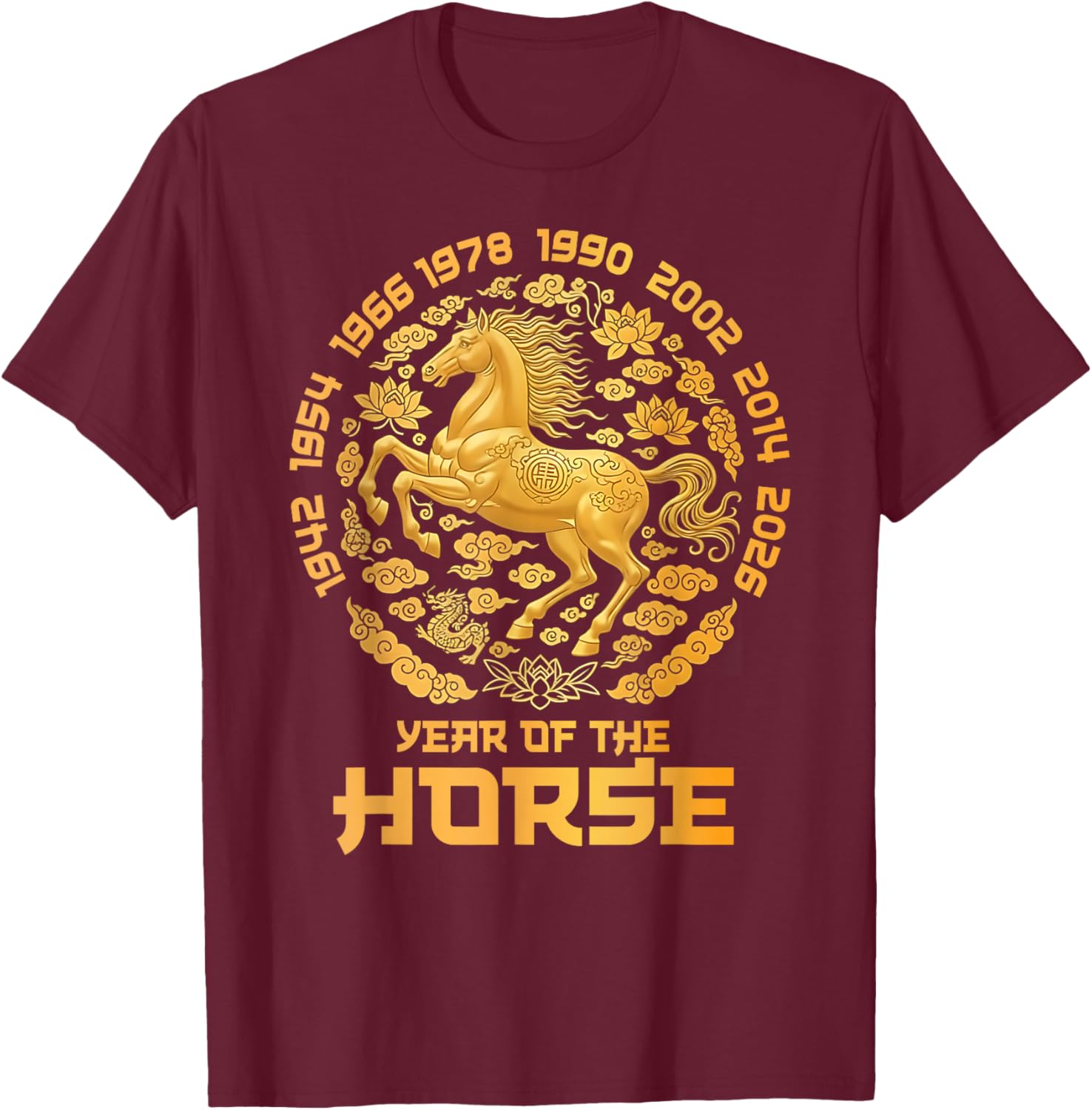 Chinese New Year 2026 Year of The Horse Lunar Golden Horse T-Shirt - T-Shirt | Maroon