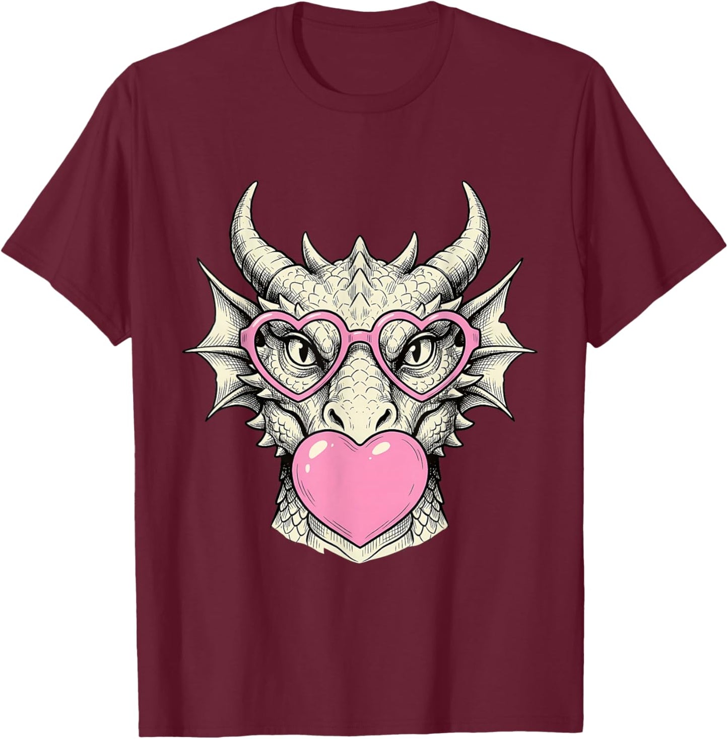 Cute Dragon Blowing Pink Valentine Heart Bubble Gum T-Shirt - T-Shirt | Maroon