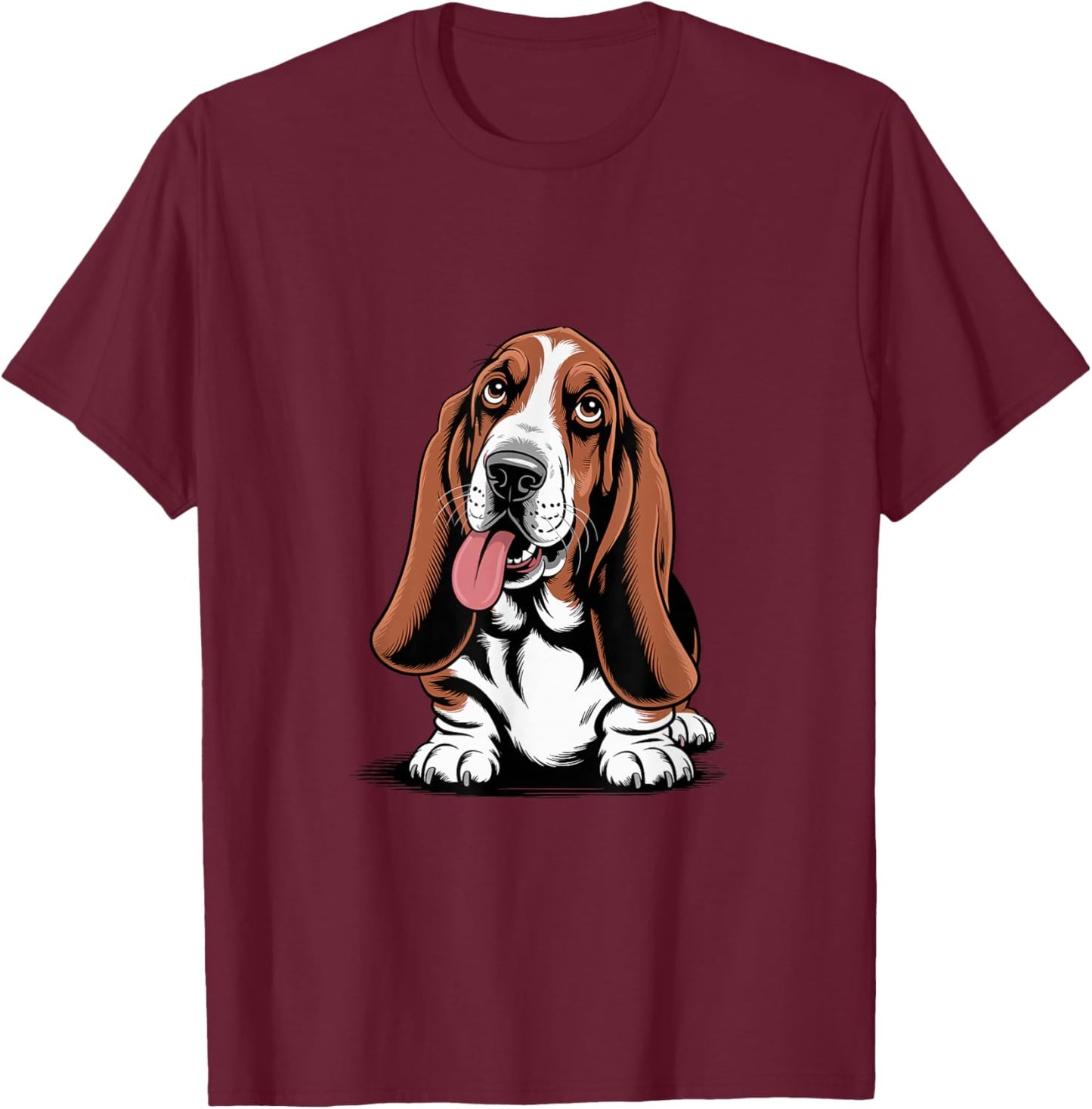 Cute Long Ear Drawing Graphic Style Cartoon Pet Basset Hound T-Shirt - T-Shirt | Maroon