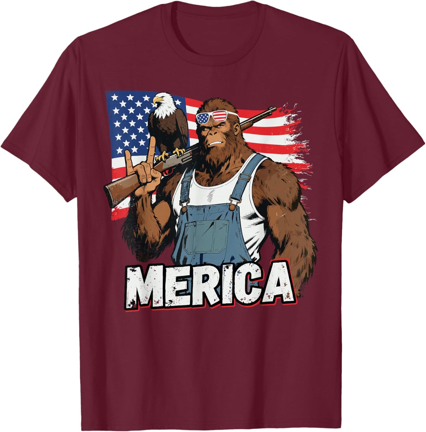 Bigfoot Merica Rock American Flag Patriotic 4th of July T-Shirt - T-Shirt | Maroon