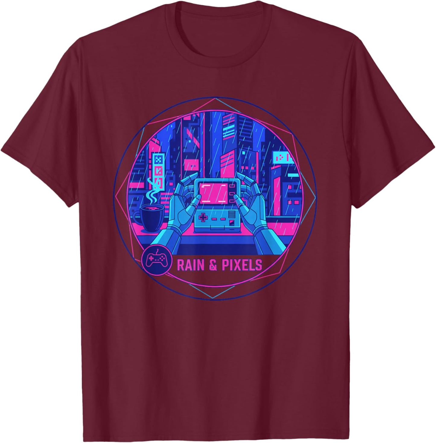 Cyberpunk Lo-fi Rainy Night Aesthetic Urban Pixel Art T-Shirt - T-Shirt | Maroon