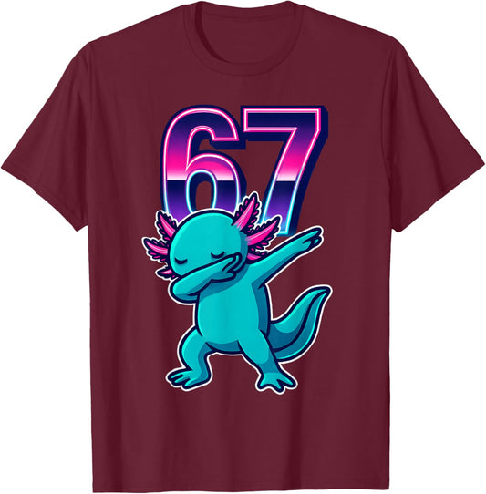 Funny Dabbing Axolotl 67 Meme Retro 80s Girls Boys Teens T-Shirt - T-Shirt | Maroon