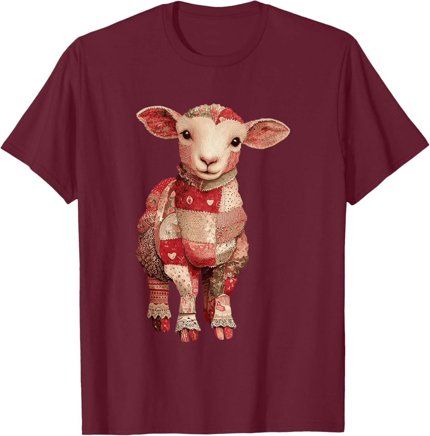 Cute Patchwork Lamb with Hearts Farmhouse Style T-Shirt - T-Shirt | Maroon