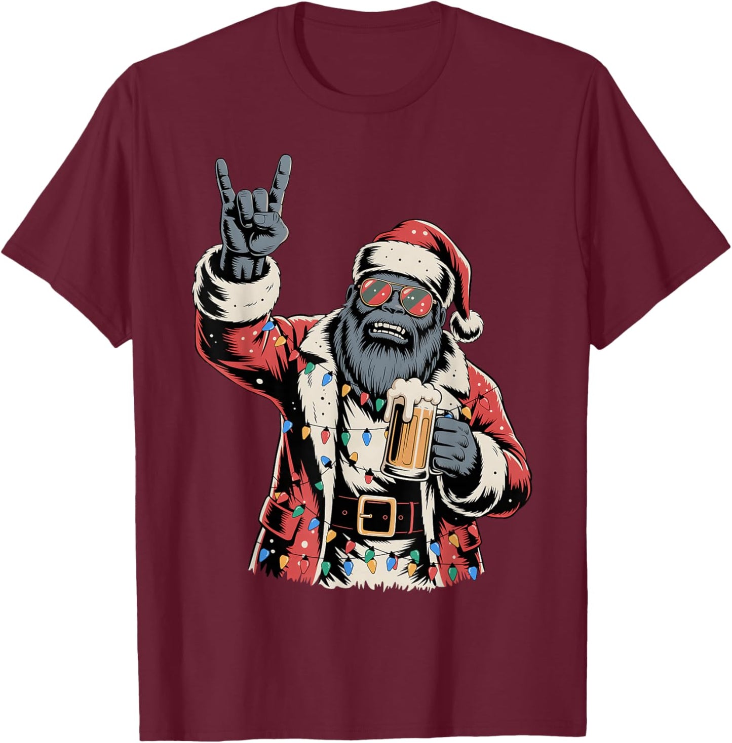 Rock Santa Bigfoot Sasquatch Beer Funny Christmas Men Women T-Shirt - T-Shirt | Maroon