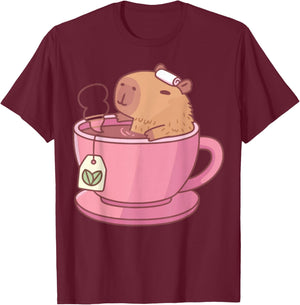 Cute Capybara Tea Aesthetic Women Girls Cozy T-Shirt - T-Shirt | Maroon
