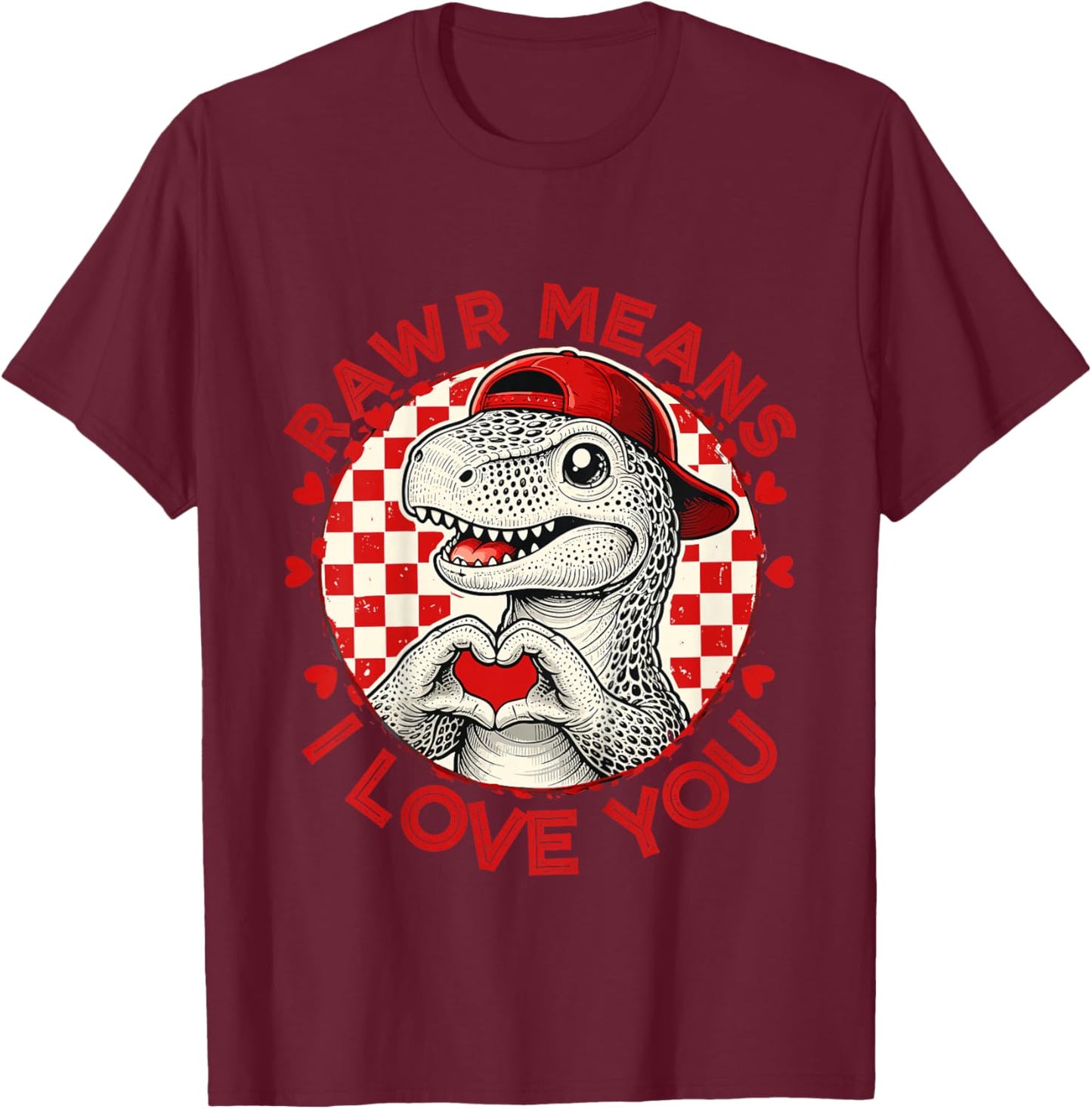 Kids Rawr Means I Love You Dinosaur Hat Valentine Toddler Boy Kid T-Shirt - T-Shirt | Maroon