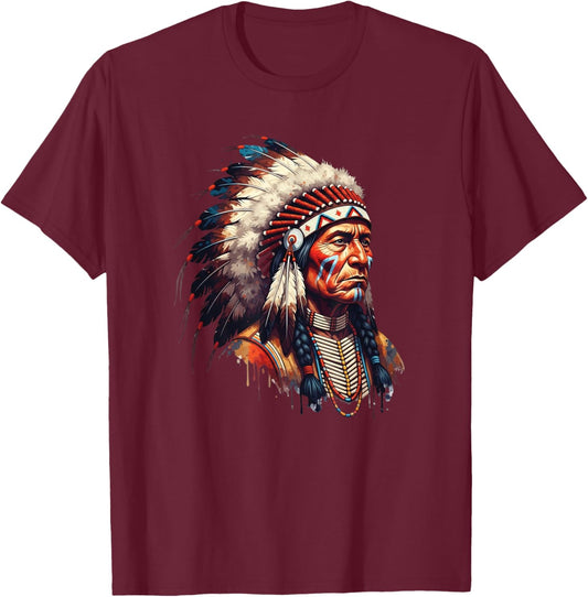 Native American Feather Indian Chief Headdress Pride Artwork T-Shirt - T-Shirt | Maroon