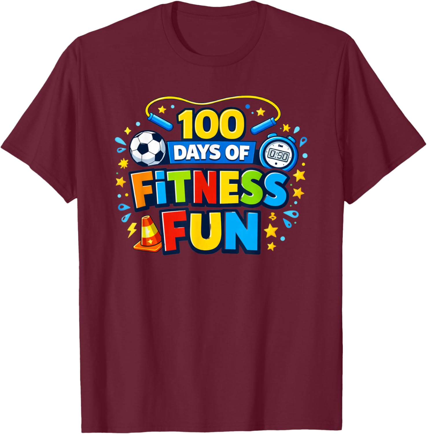 100 Days of Fitness Fun PE Teacher 100th Day of School T-Shirt - T-Shirt | Maroon