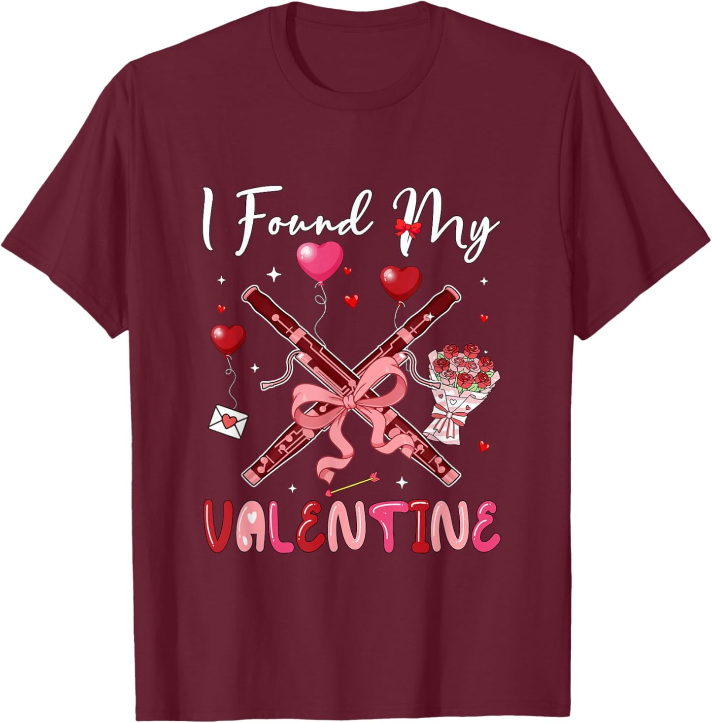 I Found My Valentine Bassoon Bow Tie Floral Instrument T-Shirt - T-Shirt | Maroon