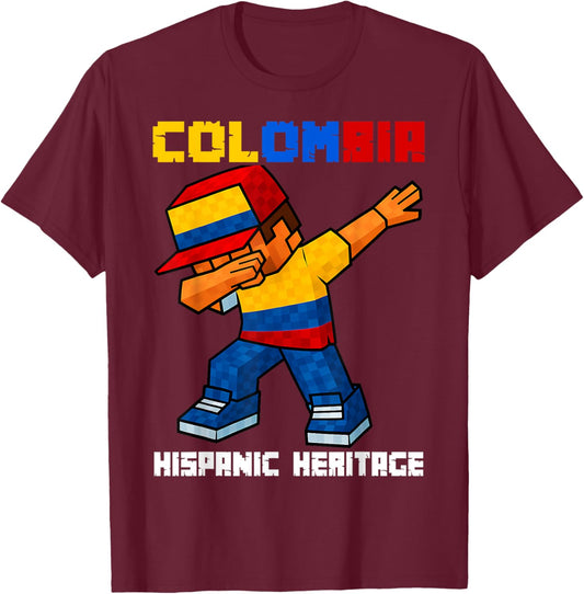 Colombia Dab Boy Game Pixel Hispanic Heritage Colombian Kids T-Shirt - T-Shirt | Maroon