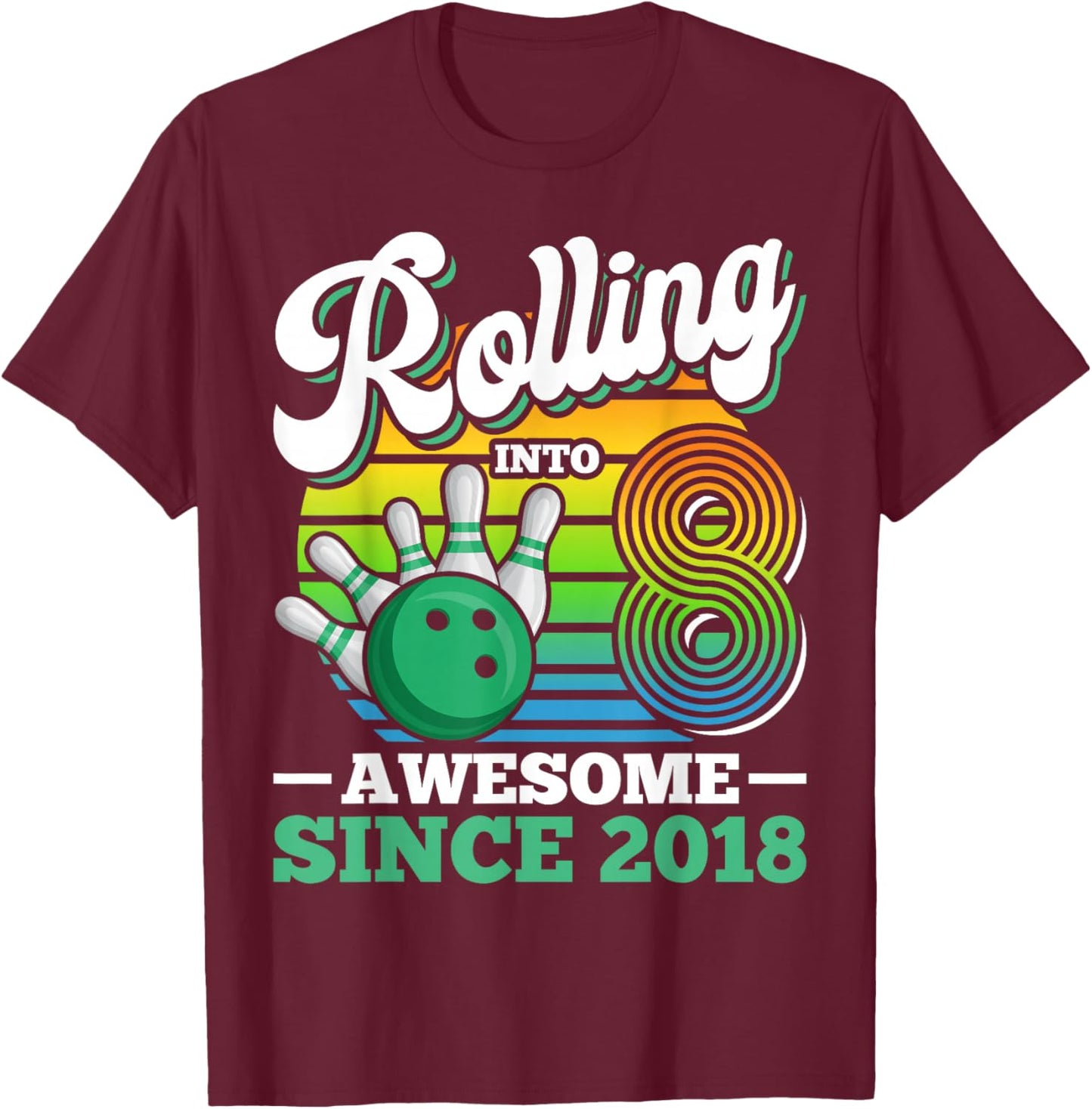 Rolling Into 8 Boy Retro Bowling Birthday Party 8th Birthday T-Shirt - T-Shirt | Maroon