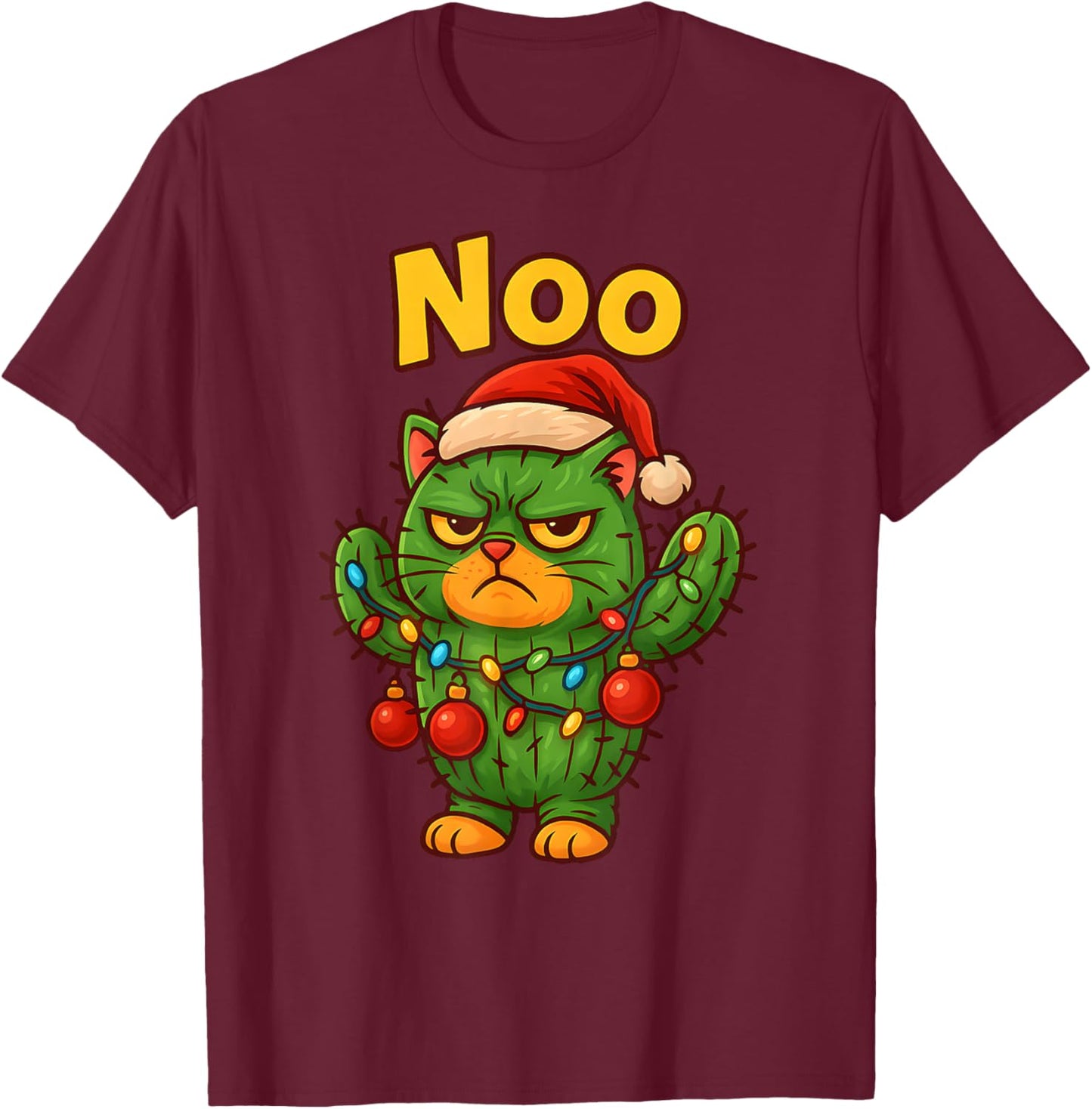 NOO Funny Christmas Cat Cactus, Grumpy Holiday Meme-Cat T-Shirt - T-Shirt | Maroon