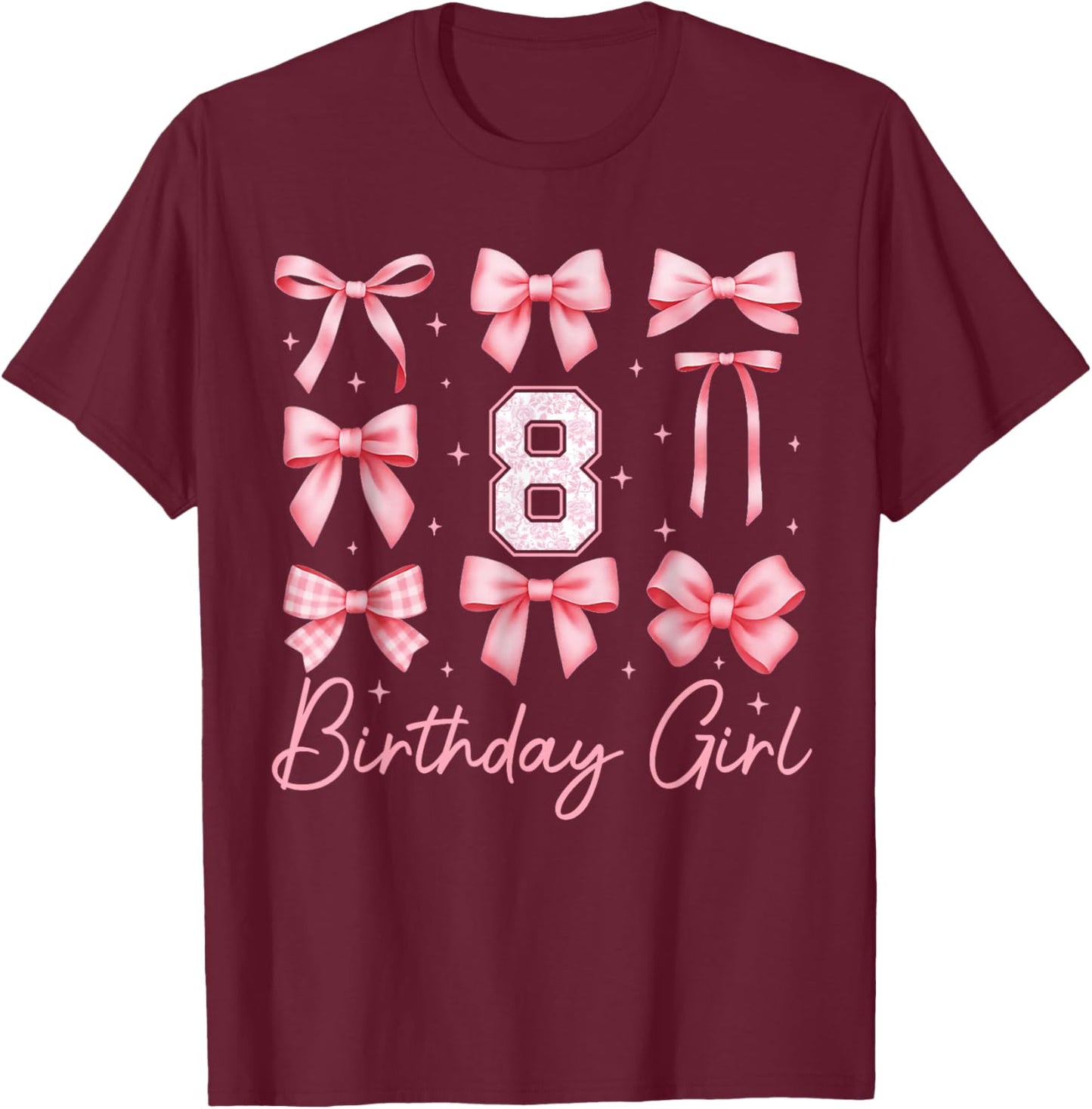8th Birthday Girl Coquette Bow Pink Floral Toile 8 Year Old T-Shirt - T-Shirt | Maroon