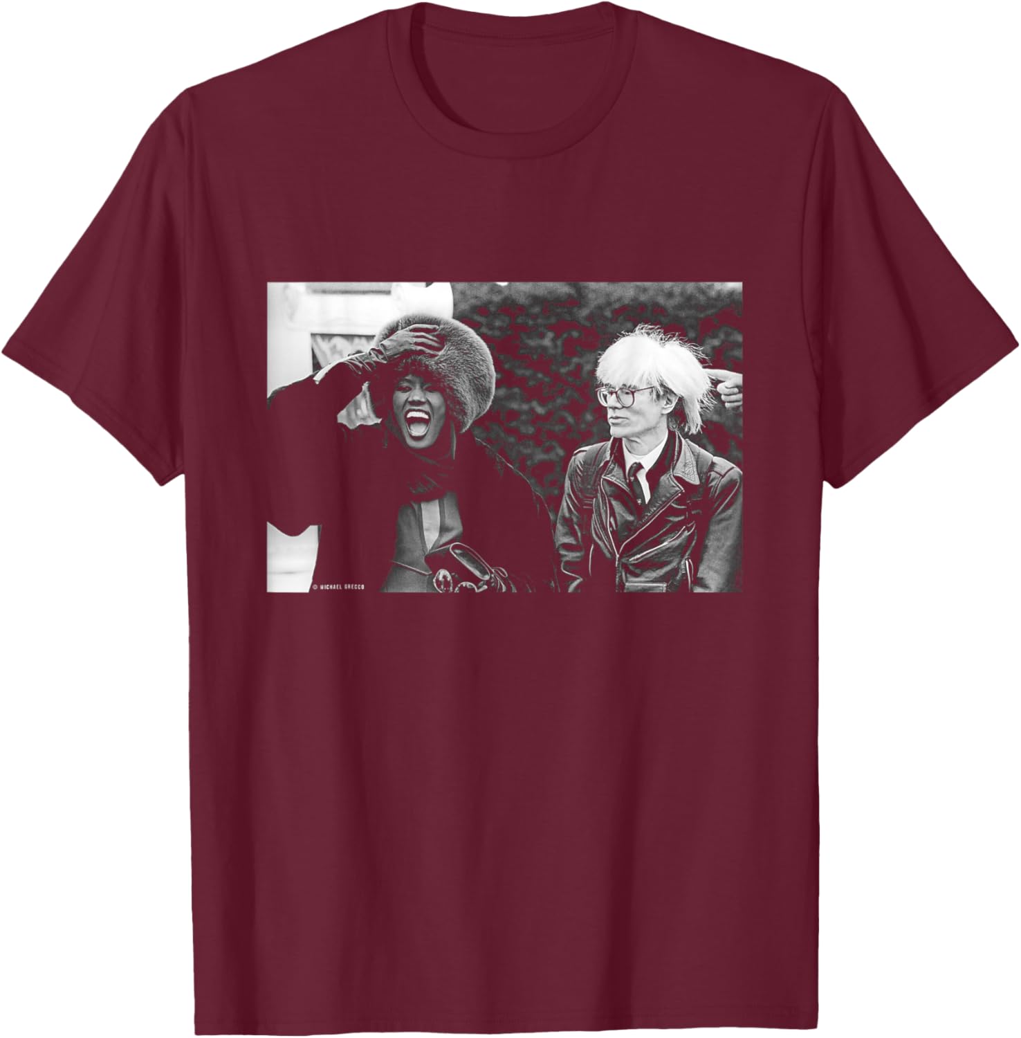 Singer Model Grace Jones with Andy Warhol by Michael Grecco T-Shirt - T-Shirt | Maroon
