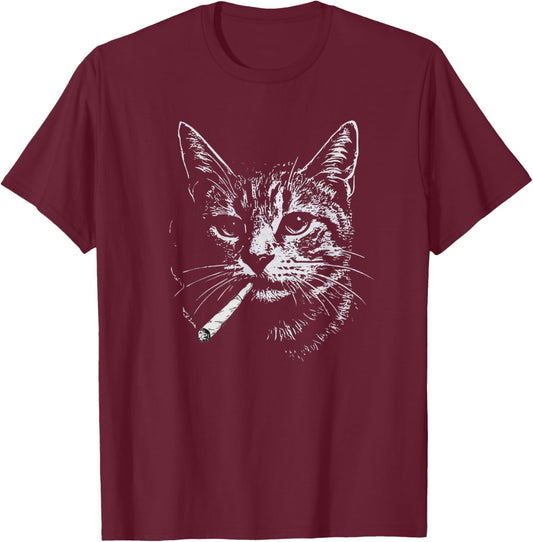 Graphic Art Animal Lover Adult Cat Smoking Blunt Weed Funny T-Shirt - T-Shirt | Maroon