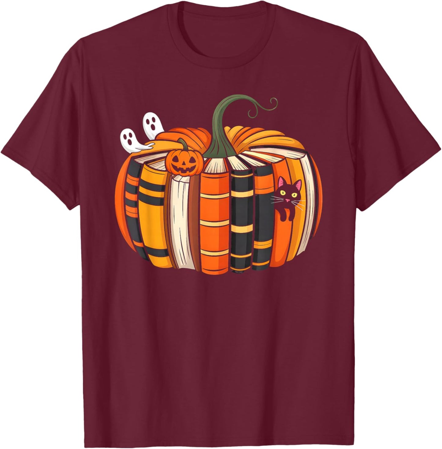 Fall Book Pumpkin Autumn Ghost Black Cat Halloween Teacher T-Shirt - T-Shirt | Maroon