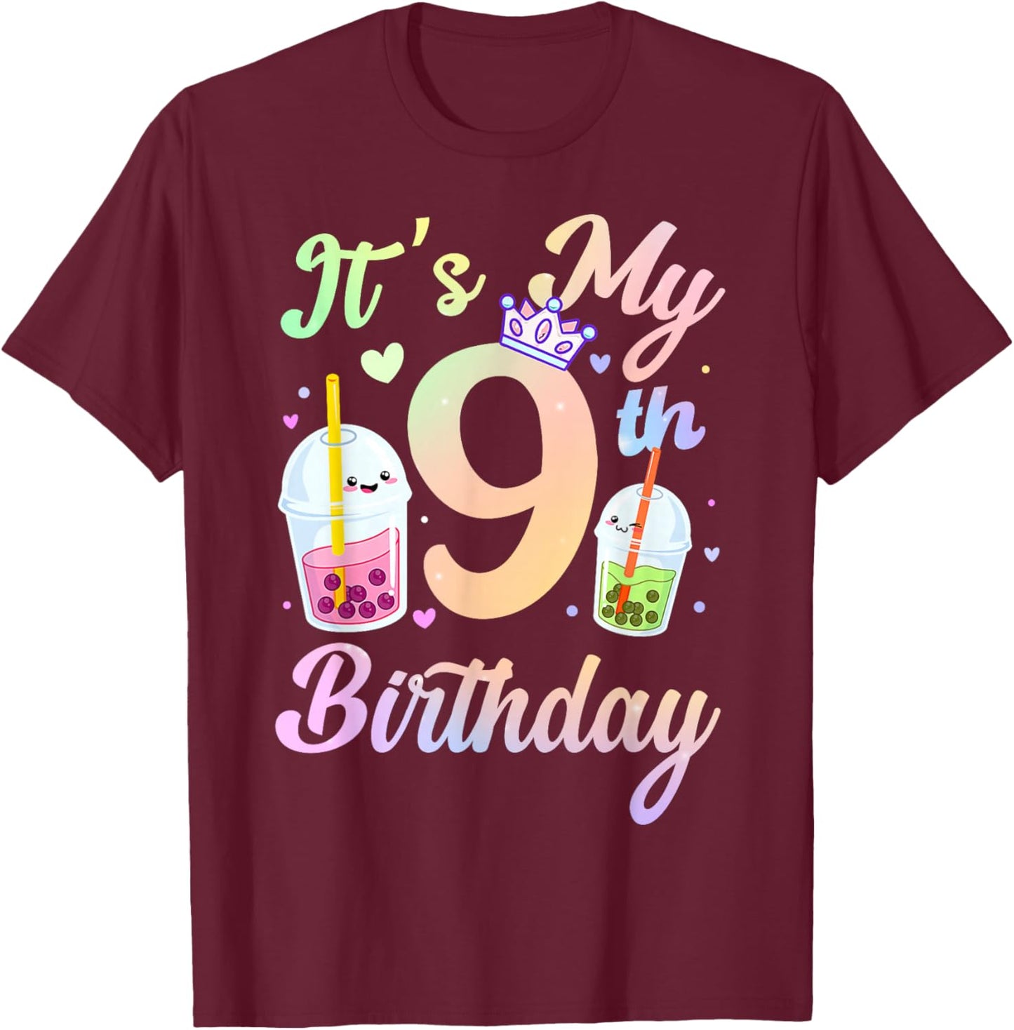 It's My 9th Birthday Bubble Boba Tea Party 9 Year Old Girls T-Shirt - T-Shirt | Maroon
