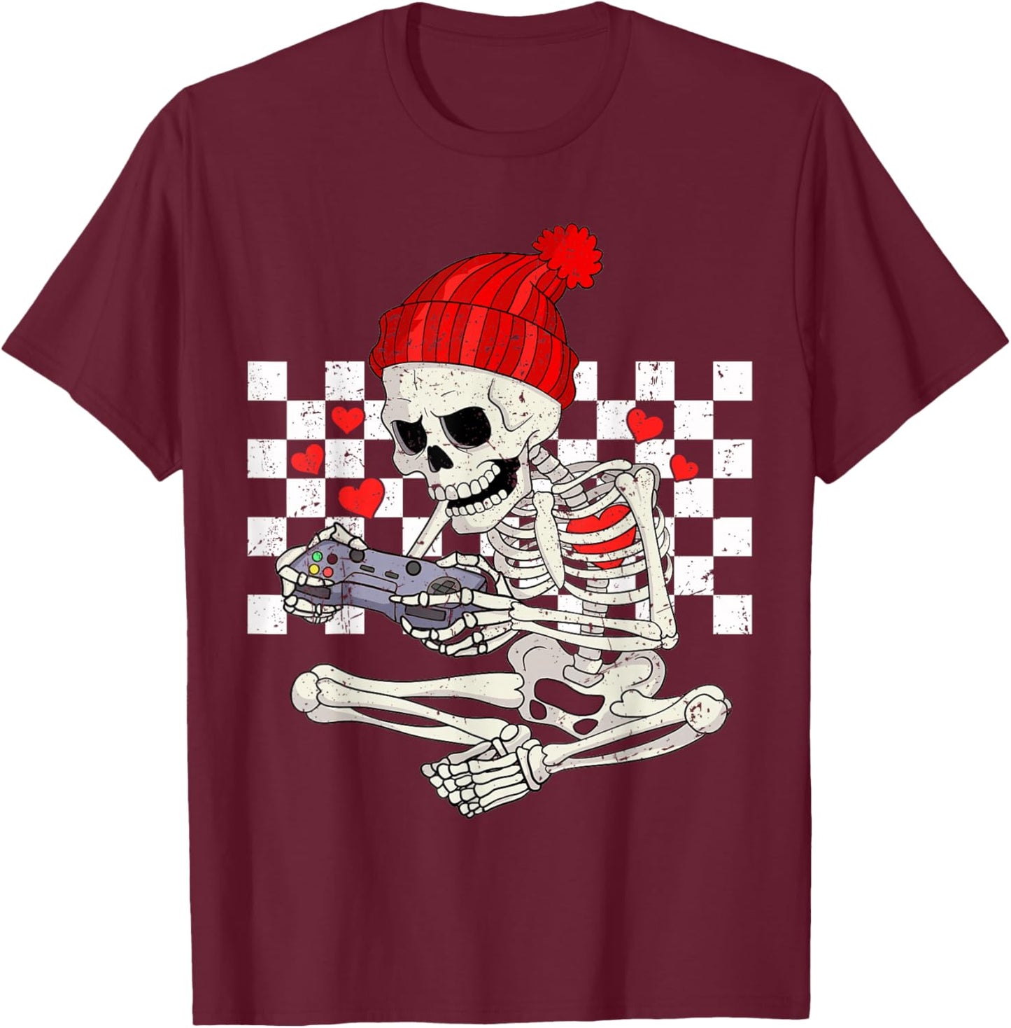 Funny Boys Valentines Skeleton Gamer Video Games Gaming T-Shirt - T-Shirt | Maroon