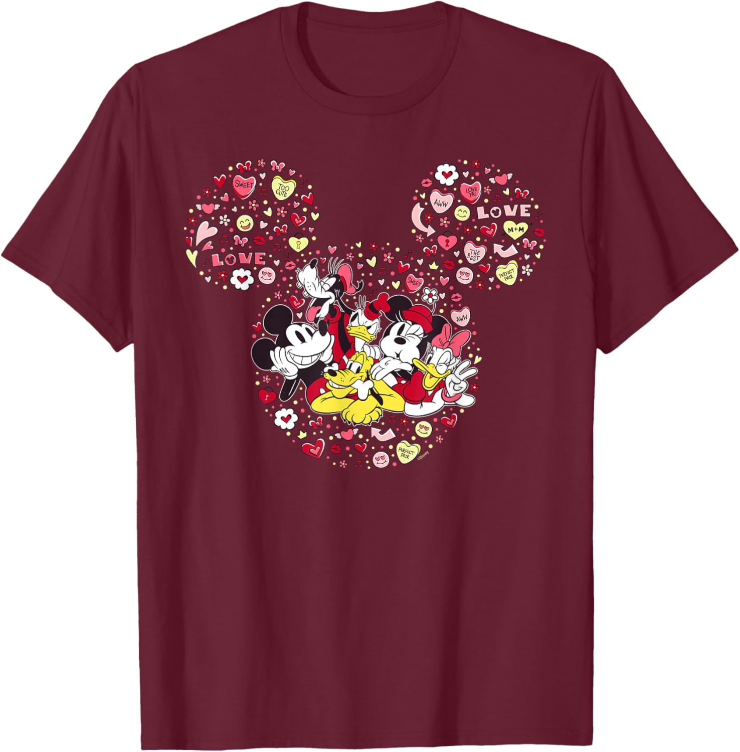 Disney Valentine's Day Mickey & Friends Icon Candy Hearts T-Shirt - T-Shirt | Maroon