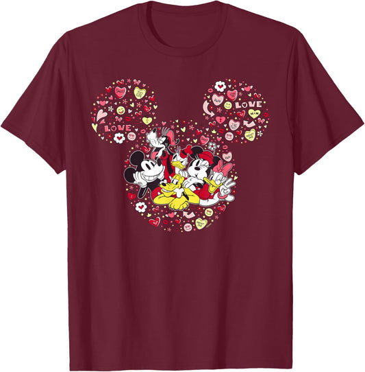 Disney Valentine's Day Mickey & Friends Icon Candy Hearts T-Shirt - T-Shirt | Maroon