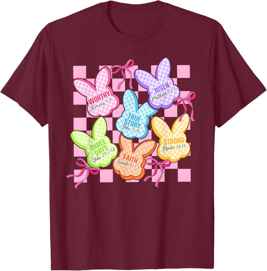 Christian Easter He is Risen Bunny Candy Coquette Bow Girly T-Shirt - T-Shirt | Maroon