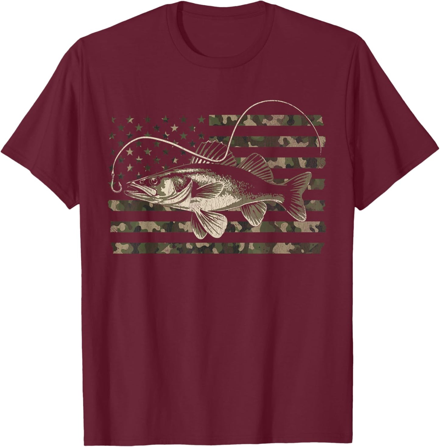 Walleye Fishing Camo American Flag T-Shirt - T-Shirt | Maroon