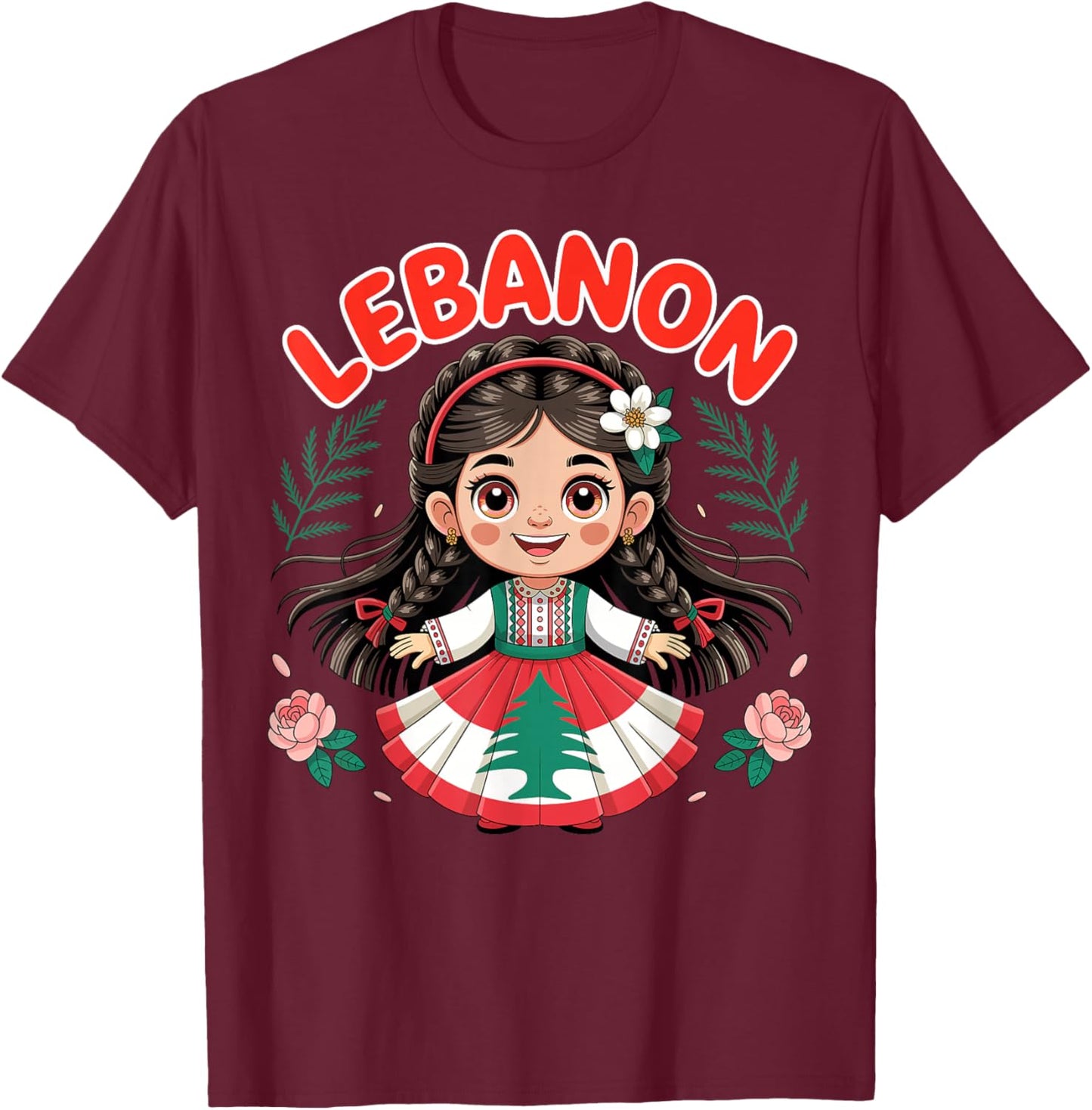 Lebanese Girl Traditional Dress with Flag Colors and Flowers T-Shirt - T-Shirt | Maroon