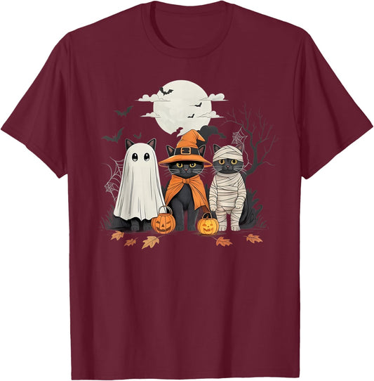 Black Cat Witch Ghost Scary Halloween Pumpkin Men Kids Gifts T-Shirt - T-Shirt | Maroon