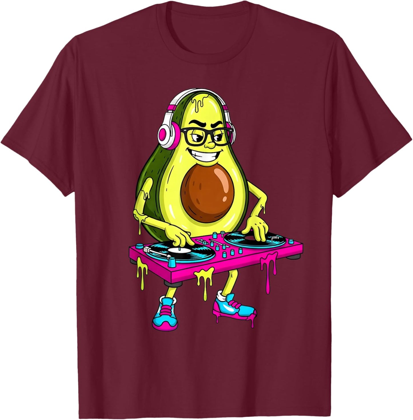 Funny Avocado DJ Cartoon Drip Kids Men Women T-Shirt - T-Shirt | Maroon