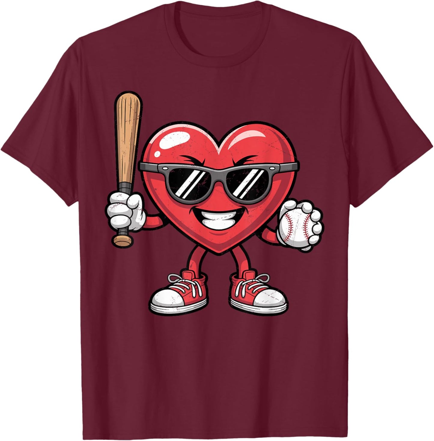 Valentines Day Heart Playing Baseball Boys Men Kids Girls T-Shirt - T-Shirt | Maroon