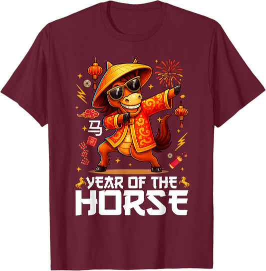 Dabbing Year of The Horse Kid Happy Chinese New Year 2026 T-Shirt - T-Shirt | Maroon