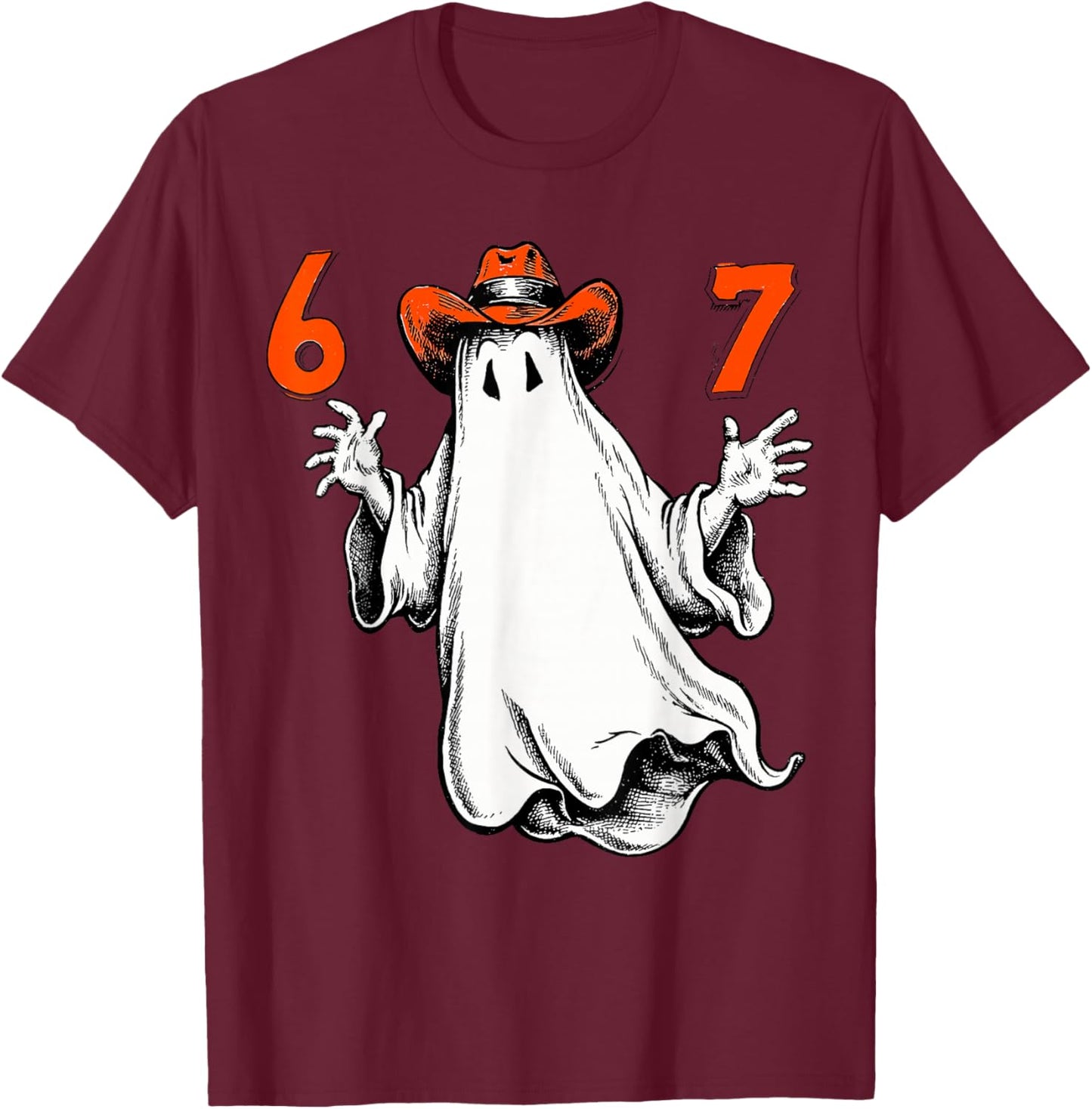 Spooky Ghost Number 67 Halloween Haunted Six Seven 6 7 Meme T-Shirt - T-Shirt | Maroon