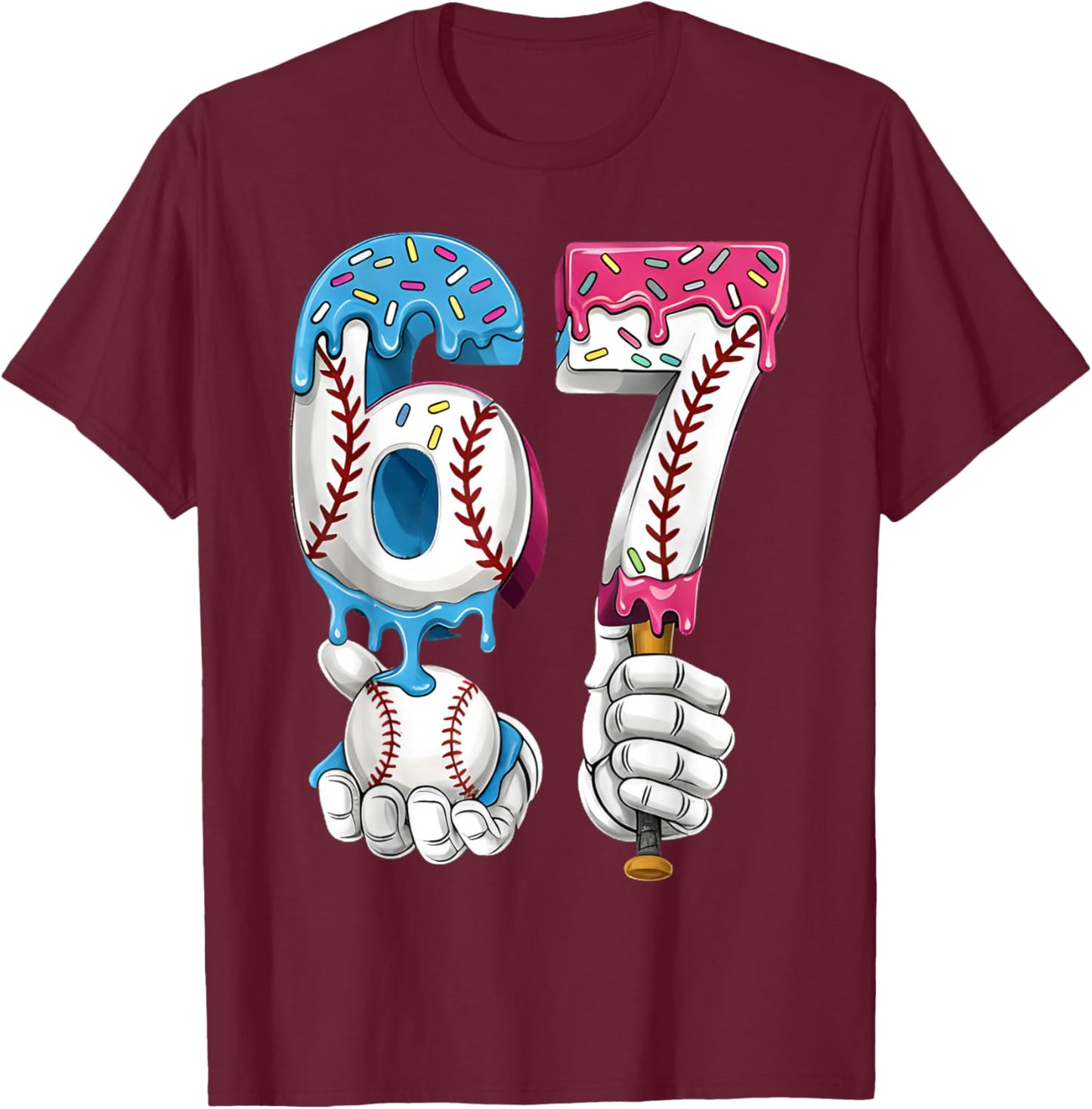 Baseball 67 Ice Cream Drip Six Seven Boys Girls Funny Meme T-Shirt - T-Shirt | Maroon