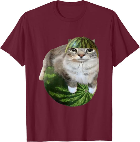 Silly Watermelon Cat Meme for Cat Lovers Funny Cat Design T-Shirt - T-Shirt | Maroon