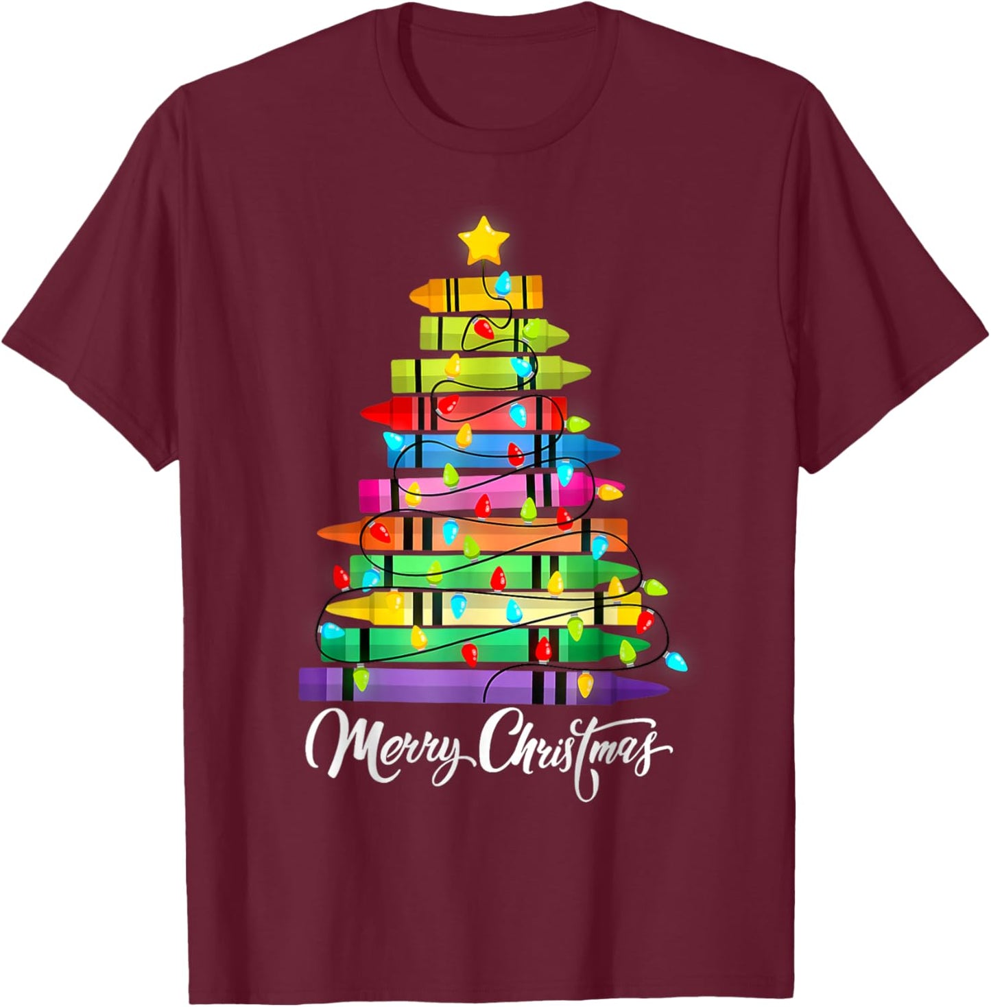 Teacher Crayon Merry Christmas Tree Lights School Xmas T-Shirt - T-Shirt | Maroon